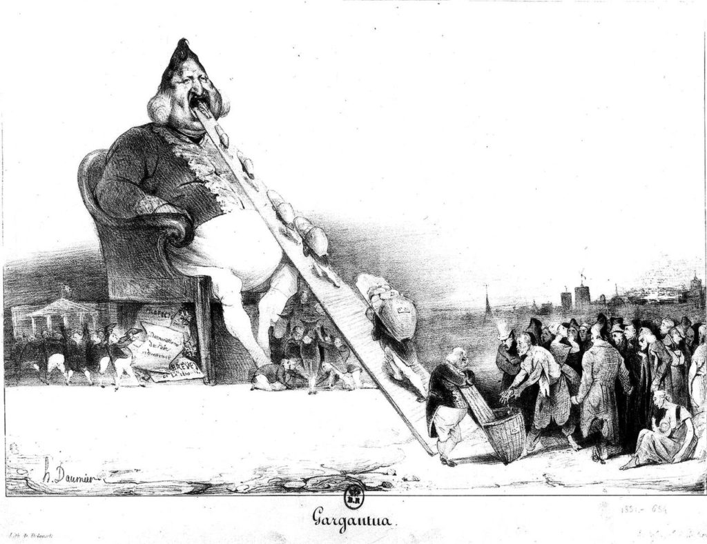 Gargantua von Honoré Daumier. Wegen dieser Karikatur König Louis-Philippes wurde Daumier zu sechs Monaten Haft verurteilt.
