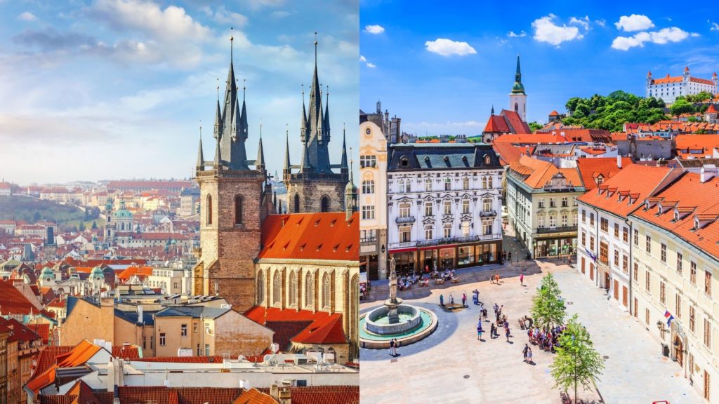 Rechts: Prag / Links: Bratislava - Collage: Nürnberger Blatt