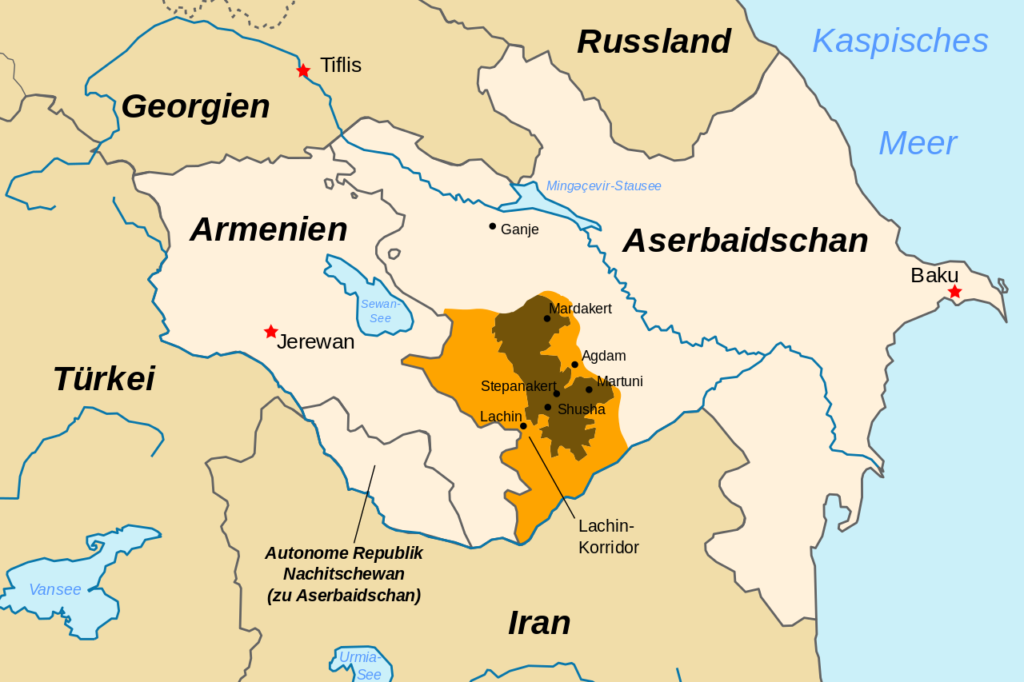 Landkarte: Braun gekennzeichnetes Gebiet= Berg-Karabach - Bild: Furfur / CC BY-SA