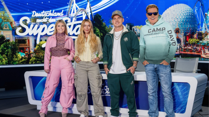 (v.l.) Schlagersängerin Beatrice Egli, Rapperin Loredana, Sänger Pietro Lombardi und DSDS-Chefjuror Dieter Bohlen (über RTL / Markus Hertrich)